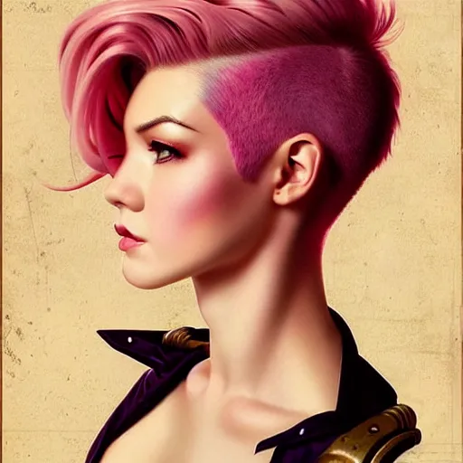 Image similar to head and shoulders portrait of VI of League of Legends, pink short hair, sidecut hairstyle, steampunk acessoires, illustration, medium shot, intricate, elegant, highly detailed, digital art, sharp lines, ffffound, art by gil elvgren and sachin teng