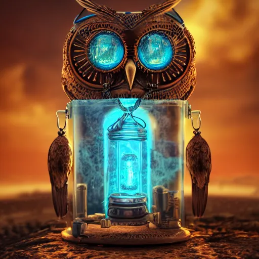 Prompt: steampunk aztec owl inside a glass jar buried in sand, hourglass, intricate detail, himalayan rocksalt lamp, volumetric lighting, epic composition, hyper detailed, ultra realistic, sharp focus, octane render, volumetric, blue moon, ray tracing, sense of awe 4 k