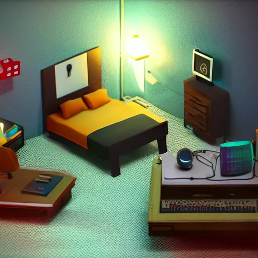 Image similar to miniature diorama isometric bedroom, ultimate rgb gaming computer, blender cycles, octane 3 d