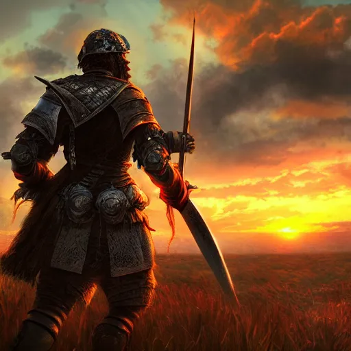 Prompt: warrior watching the sunrise over a battlefield, artstation, majestic, dramatic, highly detailed, colorful