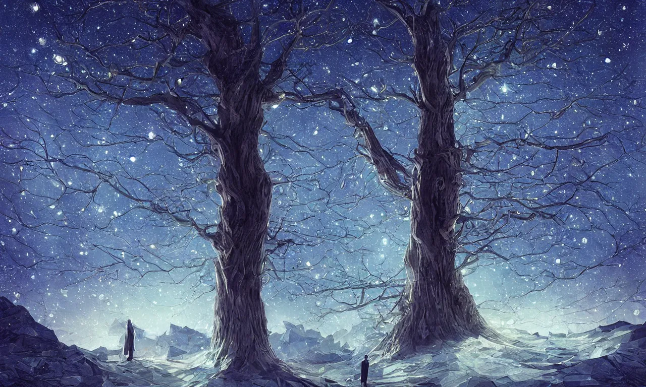 Prompt: a beautiful artwork of a tree with low poly crystal diamond leaves, starry night sky, translucid, pretty lights, pristine marble trunk, elegant, highly detailed, artstation, concept art, matte, sharp focus, art by tom bagshaw, kelogsloops and greg rutkowski