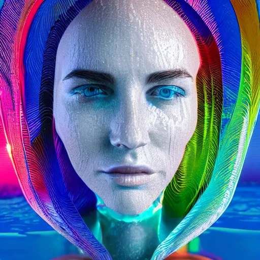 Image similar to water artwork manipulation in the shape of a human head, on the ocean water, futuristic, neon, magma, ray tracing, realistic water sharp focus, long shot, 8 k resolution, cinematic, surreal water art