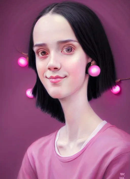 Image similar to portrait of high school girl, realistic, black hair, bangs, half updo hairstyle, pointy nose, skinny, smile, ugly, defined jawline, big chin, pink hair bow, earrings, intricate, elegant, glowing lights, highly detailed, digital painting, artstation, sharp focus, illustration, art by wlop, mars ravelo and greg rutkowski