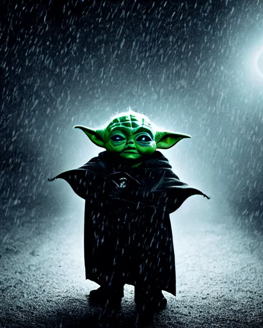 Image similar to epic closeup cinematic still of masked baby yoda as batman wearing batman costume with batcape as batman in atmospheric rainy alleyway in the style of batman begins, 8 k backlit, rim lighting, dramatic moonlight lighting, beautiful composition aesthetic