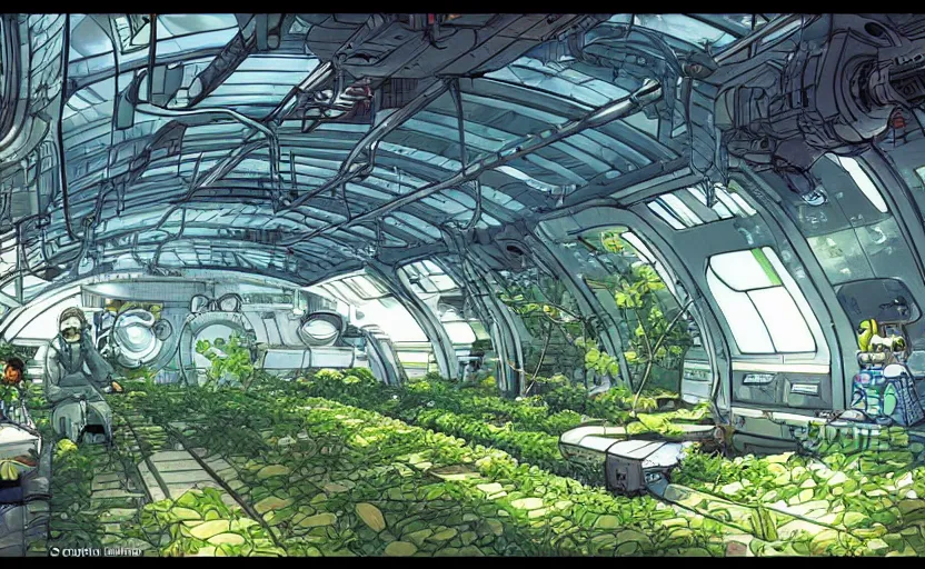 Image similar to lush greenhouse on a spaceship flying in space, concept art, by akira toriyama, artstation, digital art