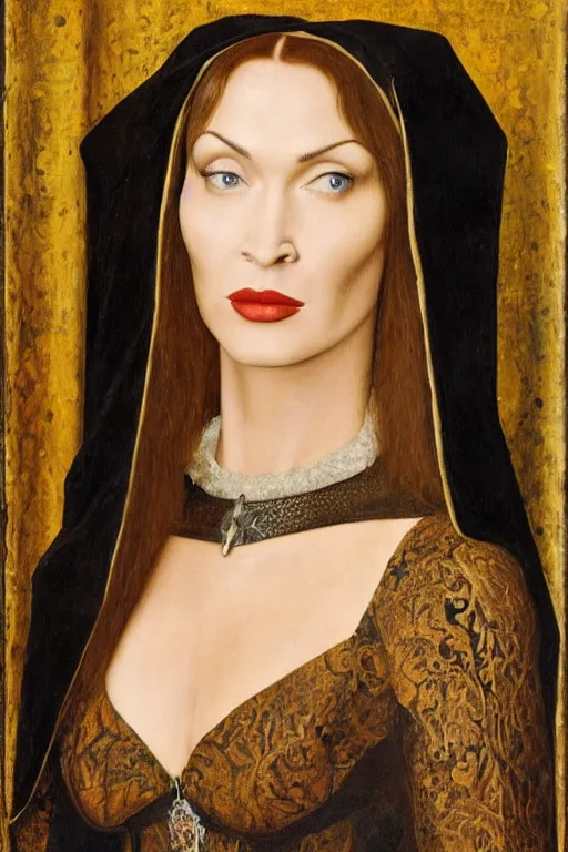 Image similar to portrait of megan fox as morticia addams, oil painting by jan van eyck, northern renaissance art, oil on canvas, wet - on - wet technique, realistic, expressive emotions, intricate textures, illusionistic detail