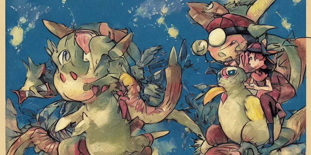 Prompt: a whimsical storybook illustration of pokemon, 1 9 5 0 s japan, designed by jean baptiste monge but in lowbrow pop art style, high resolution, fine details, muted colors m