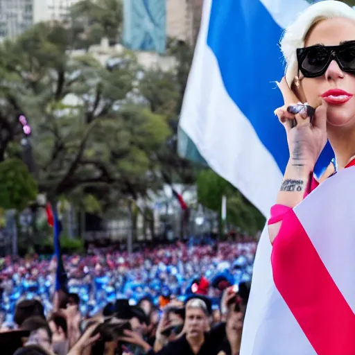 Image similar to Lady Gaga as president, Argentina presidential rally, Argentine flags behind, bokeh, giving a speech, detailed face, Argentina