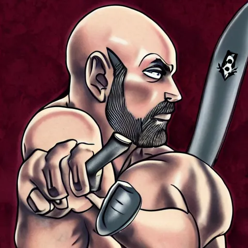 Image similar to muscular bald man, tattooed body, sword in hands, HD, anime style,