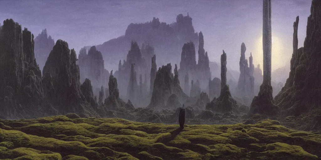 Image similar to background environment without main subject to focus on, volumetric light from nearby sources, style by caspar david friedrich and wayne barlowe and ted nasmith.