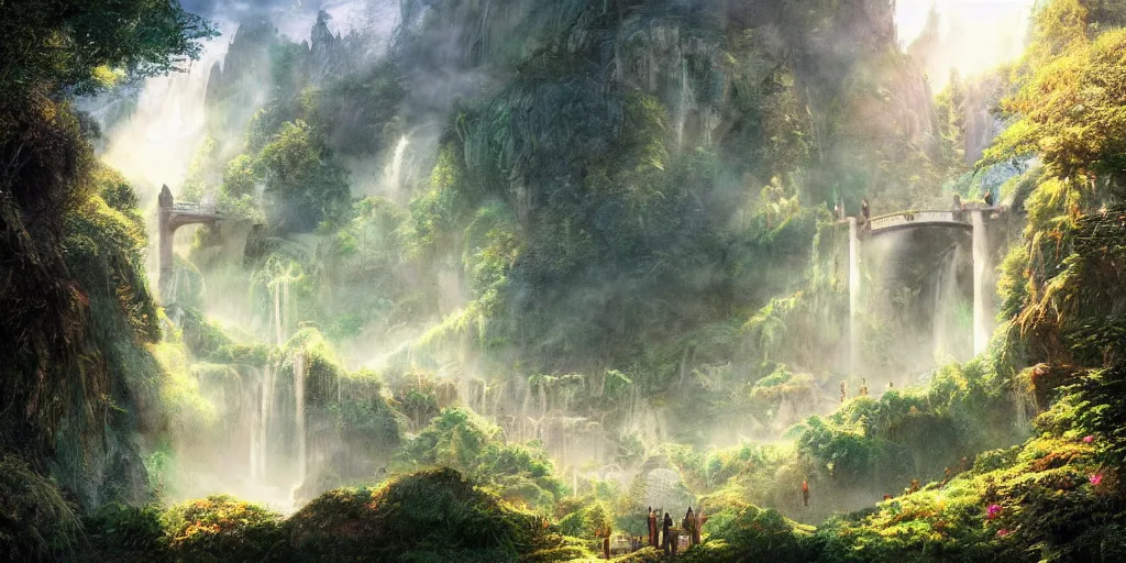 Image similar to lush and beautiful concept art for rivendell, lord of the rings, peter jackson, studio ghibli, detailed, realistic lighting, volumetric lighting, golden hour,