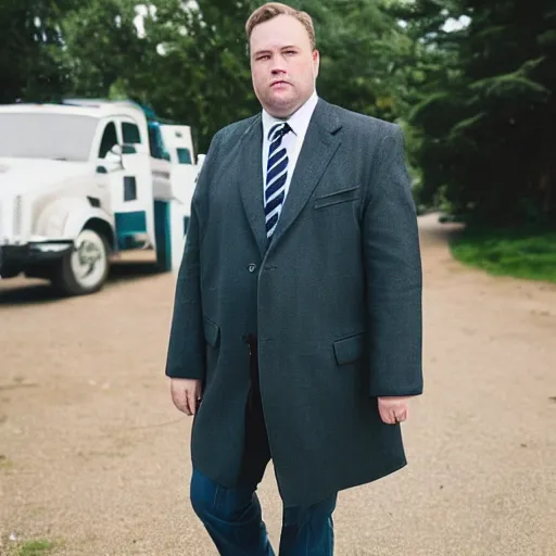 Prompt: the chubby white man stood patiently on the trailer lot, his legs spread apart, wearing an olive green overcoat, dark gray chalk stripe three-piece suit, a blue dress shirt with white cuffs and collars, a midnight blue necktie, and a pair of dirty wheat Timberland work Boots