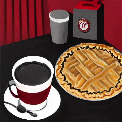 Prompt: highly detailed artwork, titled: 'black coffee and cherry pie in twin peaks', artstation style, artstation form