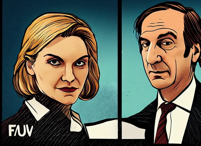 Image similar to kim wexler and saul goodman, ilustration by malika favre