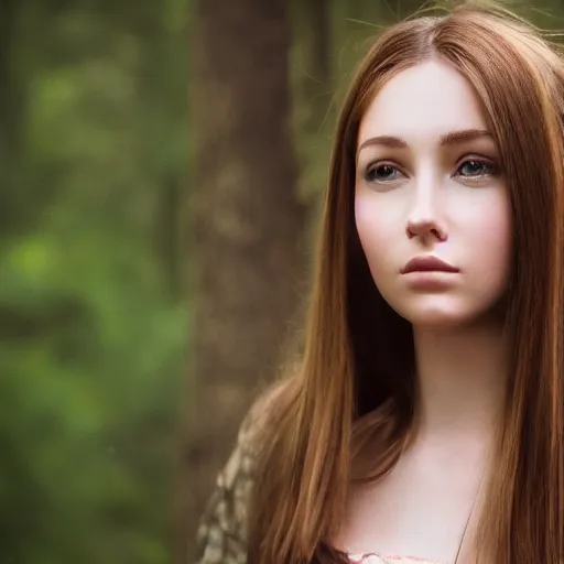 Image similar to real life photo of a beautiful girl, full body photoshoot, long brown hair, brown eyes, full round face, short smile, belly free, forest setting, cinematic lightning, medium shot, mid - shot, highly detailed, trending on artstation, unreal engine 4 k, 8 0 mm, 8 5 mm, cinematic wallpaper