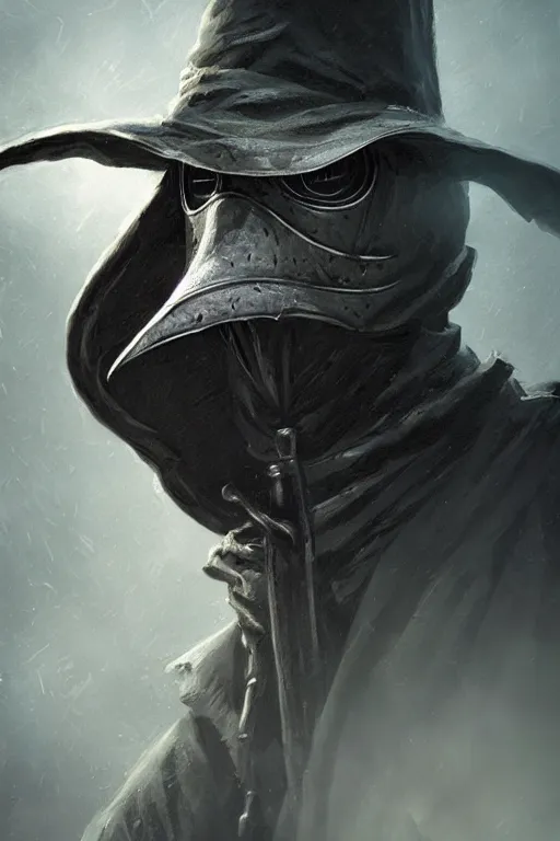 Image similar to A closeup of a Plague Doctor by Greg Rutkowski, Dan Mumford, Bloodborne, 4k photorealistic, volumetric lighting, HD, high details, dramatic, dark atmosphere, trending on artstation