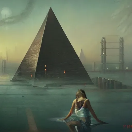 Image similar to futuristic pyramids, spires, chillwave, electronic billboards, tech noir, wet reflections, atmospheric, ambient, livia prima, greg rutkowski, edward hopper, pj crook