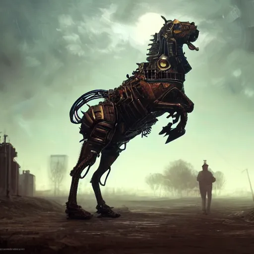 Prompt: photo of VAZ2105 mechanical horse as a loading screen, intricate, dystopian, sci-fi, extremely detailed, digital painting, artstation, concept art, smooth, sharp focus, illustration, intimidating lighting, incredible art by artgerm and greg rutkowski and alphonse mucha and simon stalenhag