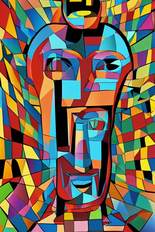 Image similar to cubist moai statue cutout digital illustration cartoon colorful beeple