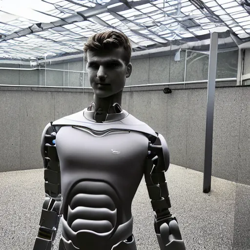 Image similar to a realistic detailed photo of a guy who is an attractive humanoid who is half robot and half humanoid, who is a male android, soccer player timo werner, shiny skin, posing like a statue, blank stare, by the pool, on display, showing off his muscles, humanoid robot, frozen ice statue, made of ice