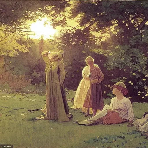 Prompt: Print. Conceptual art, the warm, golden light of the sun casts a beautiful glow on the scene, and the gentle breeze ruffles the leaves of the trees. The figures in the conceptual art are engaged in a simple activity, the way they are positioned and the expressions on their faces suggest a deep connection. Peace and contentment, idyllic setting. by Walter Langley evocative, subtle