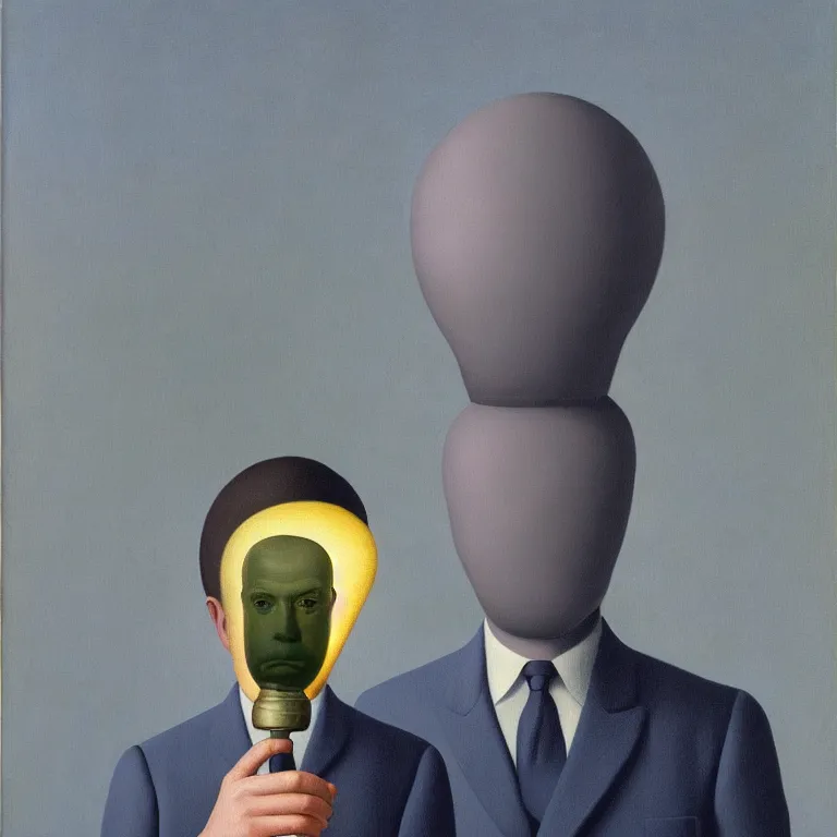 Image similar to portrait of a man, his head is a lightbulb, by rene magritte, detailed painting, hd, hq, high resolution, high detail, 4 k, 8 k