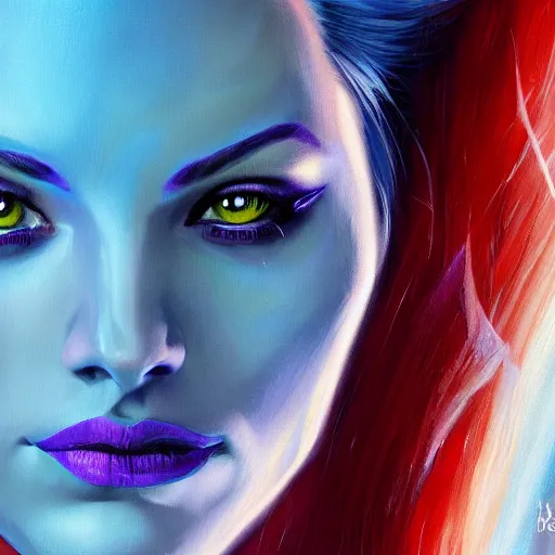 Prompt: mystique from the xmen, 8 k, realistic, oil painting, high detail, pretty face,