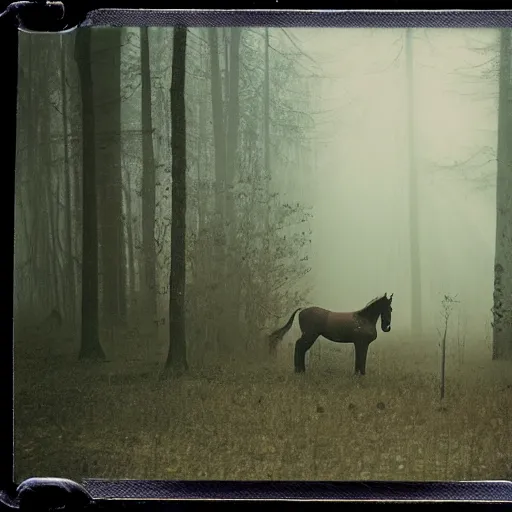 Prompt: wounded young unicorn in a foggy forest, polaroid photography in style of andrey tarkovski, spiritual, mystical, sublime