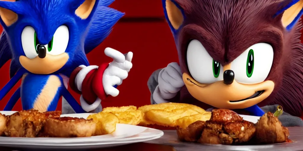 Prompt: A render of Sonic the Hedgehog sitting across from Shadow the Hedgehog at a restaurant, Sonic looks like he is shocked, Shadow is looking away in disgust, they both have hamburgers in front of them on a plate, movie, HDR, moody lighting, unique camera angle from the end of the table and between the two of them, candle lighting