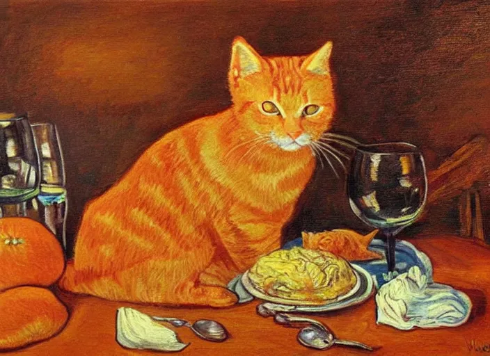 Image similar to detailed realistic realism painting of orange tabby cat eating lasagna at dusk, in the style of vincent van gogh and salvador dali and leonardo da vinci