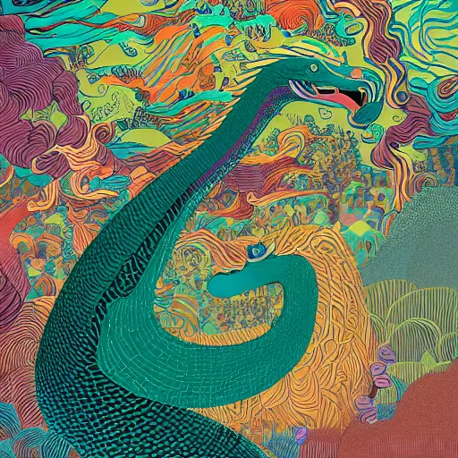 Prompt: illustration of quetzalcoatl, in colors # 1 1 3 4 a 6, # 7 3 c 2 fb, # 6 6 9 3 fs, # 9 8 fb 9 8, # 0 1 7 9 6 f, by studio multi and victo ngai, malika favre