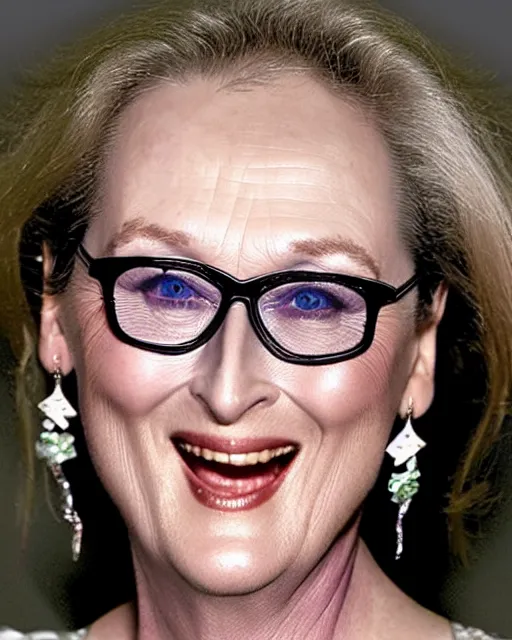 Image similar to a cursed image of meryl streep seen from a distance in a dark, empty swimming pool with water slides, really scary, looking this way.