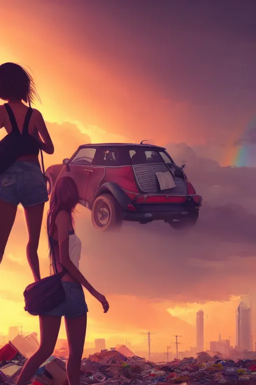 Image similar to wide photo of young woman beauty in mini short with backpack looking at food at garbage dump, destroyed cars, city is pure wasteland, moody sunset background, rays of sunlights, ( ( ( rainbow ) ) ), high details, sharp, photorealism, greg rutkowski, artgerm, unreal engine, highly detailed