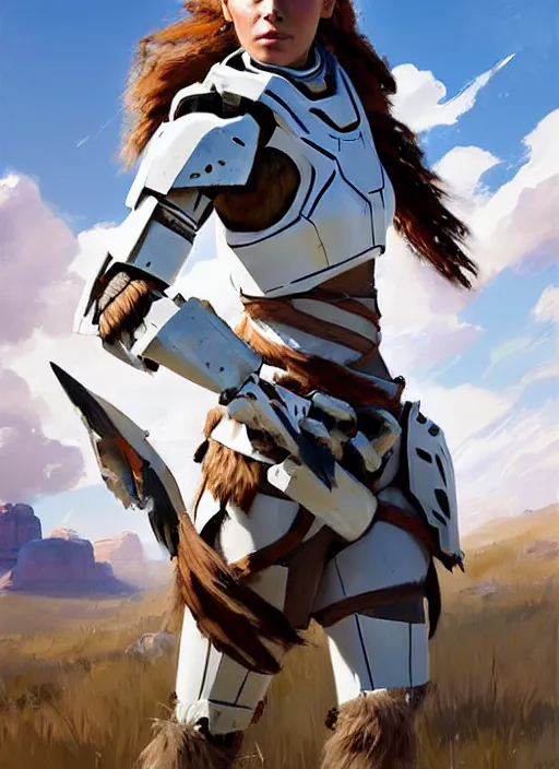 Image similar to portrait of a caucasian Aloy from Horizon Zero Dawn in white clothes Stormtrooper armor, desert, calm, fantasy character portrait, dynamic pose, above view, sunny day, clouds in the sky, artwork by Jeremy Lipkin and Giuseppe Dangelico Pino and Michael Garmash and Rob Rey and Greg Manchess, very coherent asymmetrical artwork, sharp edges, perfect face, simple form, 100mm