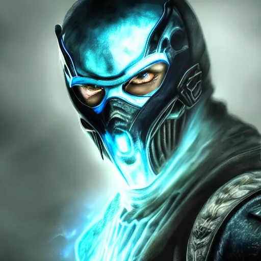 Image similar to a portrait of Sub Zero ,Grim fantasy, Mortal Kombat, blue aura, cold ice spark , HDR, natural light, shoulder level shot, dynamic pose, award winning photograph, Mucha style, 4k,