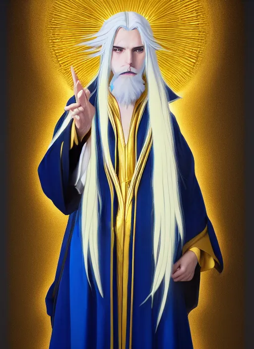 Prompt: card art portrait of a young man wizard with long white hair wearing blue and golden robes, long white hair, blue and golden robes, detailed robes, intrincated design, makoto shinkai, very detailed, matte, tonemapping, bbwchan, perfection, 4 k, william - adolphe bouguereau