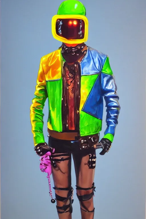 Image similar to a character wearing a diy! costume leather jacket, punk, with fluo colored details and a transparent helmet, full body, muted colors, vivienne westwood, nausicaa, hyper real acrylic painting