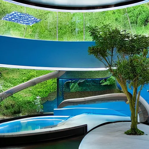 Image similar to a large blue futuristic room, startrek style, filled with plants, vegetation, rocks and a swimming pool.