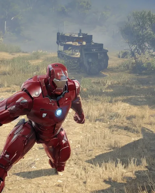 Image similar to robust and bulky iron man suit in red dead redemption 2, cinematic, photorealistic