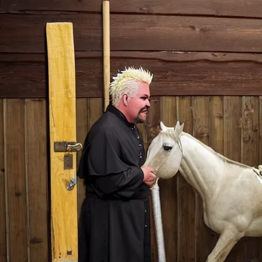 Image similar to guy fieri dressed as the pope cleaning a horse stall, a horse is staring at him while he is doing his work, award winning photo,