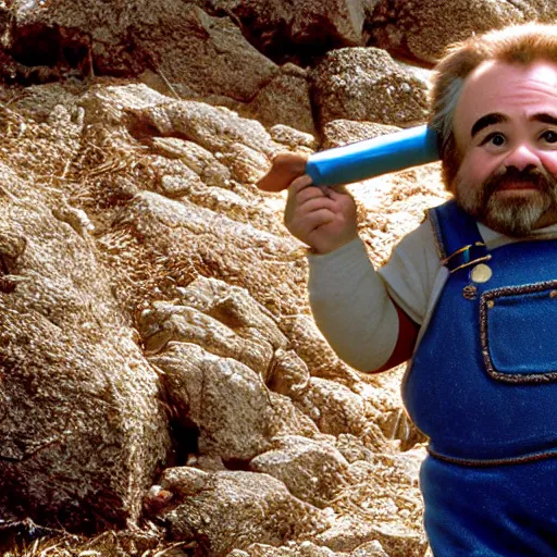 Prompt: a pudgy dwarf wearing blue overalls with a pocketful of gems holding a pickax, high resolution film still, HDR color, movie by Wolfgang Petersen and Peter Jackson