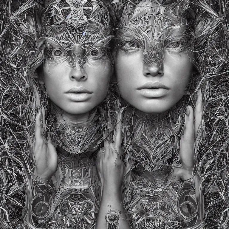 Prompt: An epic photo illustration of female symmetrical portrait by Michael Sydney Moore, Alex Grey, Irakli Nadar, hyper detailed, 50mm, award winning photography