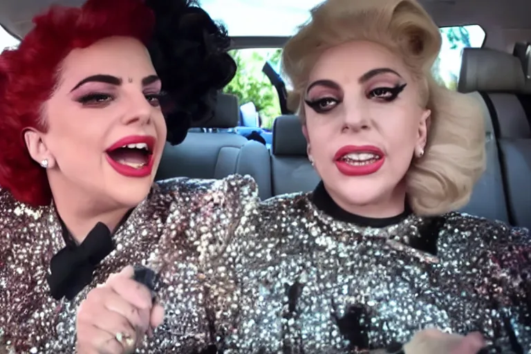 Image similar to lady gaga and judy garland doing carpool karaoke, lady gaga and judy garland, carpool karaoke, lady gaga, judy garland, carpool karaoke, youtube video screenshot, the late late show with james corden