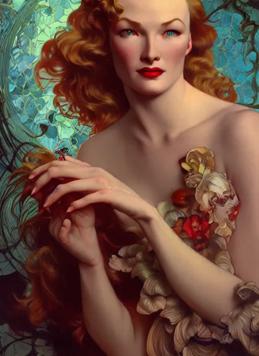 Image similar to veronica lake detailed clothing, half body shot, arms down, path traced, highly detailed, high quality, digital painting, rolf armstrong, karol bak, alphonse mucha, tom bagshaw