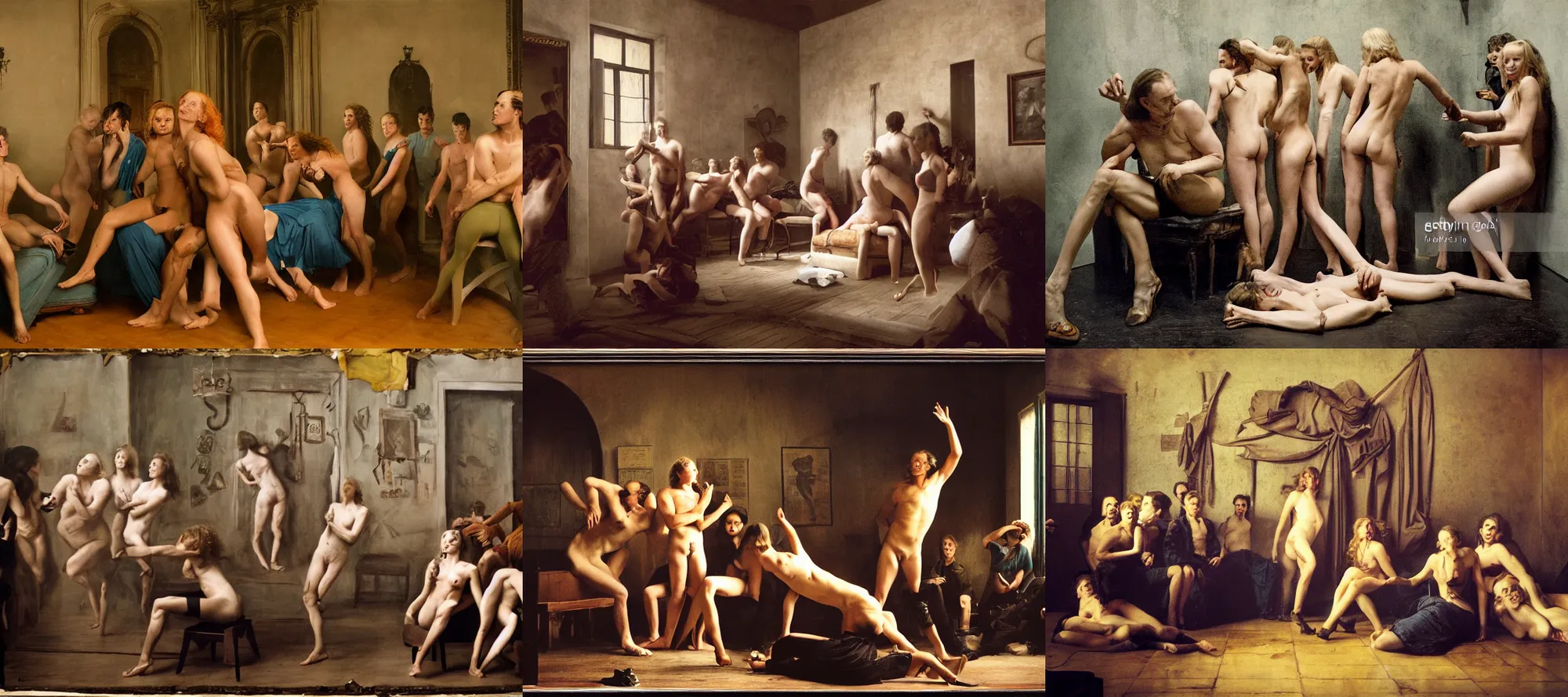 Prompt: a photograph of annie leibovitz showing several person in a room, in the style of a novel by the marquis de sade. photorealism, vivid colors, 5 0 mm, 8 k, direct lighting, extreme realism and detail, sharp focus