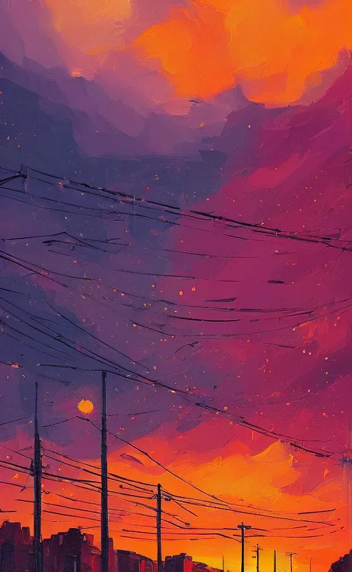 Image similar to a beautiful illustration of sofia bulgaria at sunset, art of alena aenami, featured on artstation, vertical orientation, paint brush strokes, expressionism, brushstroke - laden, breathtaking clouds, traffic lights, wet concrete, beauttiful stars, cables, long exposure, gigantic sun, airy theme, red purple gradient, lens flare