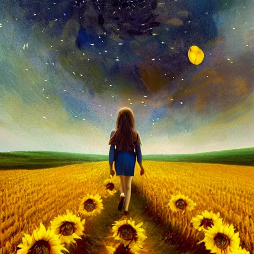 Prompt: huge sunflower face, girl walking in wheat field, hills, surreal photography, dark night, star trails, dramatic light, impressionist painting, clouds, digital painting, artstation, simon stalenhag