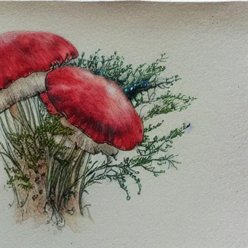 Prompt: jean - baptiste monge water color on white paper watercolor sketch of flowers moss and mushrooms hard edges, pencil lines, drips, runs, spatter, details. red chrome. jean - baptiste monge!!!!!