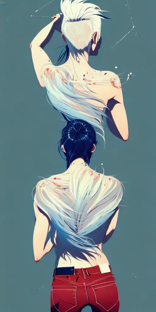 Image similar to a ultradetailed beautiful back painting of a stylish woman with white hair in a short pony tail, she is wearing jeans, by conrad roset, greg rutkowski and makoto shinkai trending on artstation