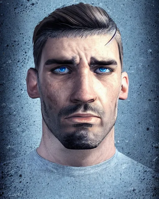 Image similar to portrait of muscular, tired and alcoholic 3 0 - year - old handsome man with short darkblonde hair, serious sad look in his eyes, looking down, dirty beard, blue eyes, crying tears, wearing dirty soldier uniform, on the desert, sad atmosphere, hyper realistic face, character art, art by mark brooks, cryengine, trending on artstation, digital art